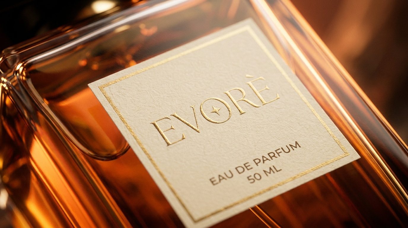 Close-up of the Shondha label on bevelled amber glass