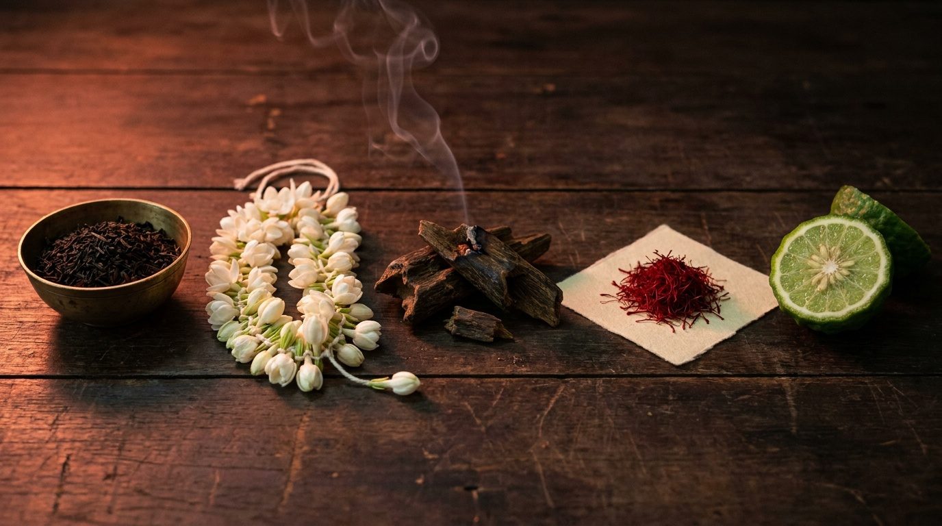 Sylhet tea, jasmine, agarwood, saffron and bergamot on a dark wooden table
