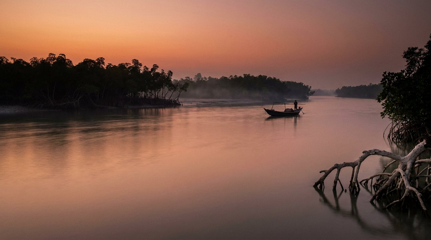 Dusk over a Sundarbans river, mangrove roots in the foreground