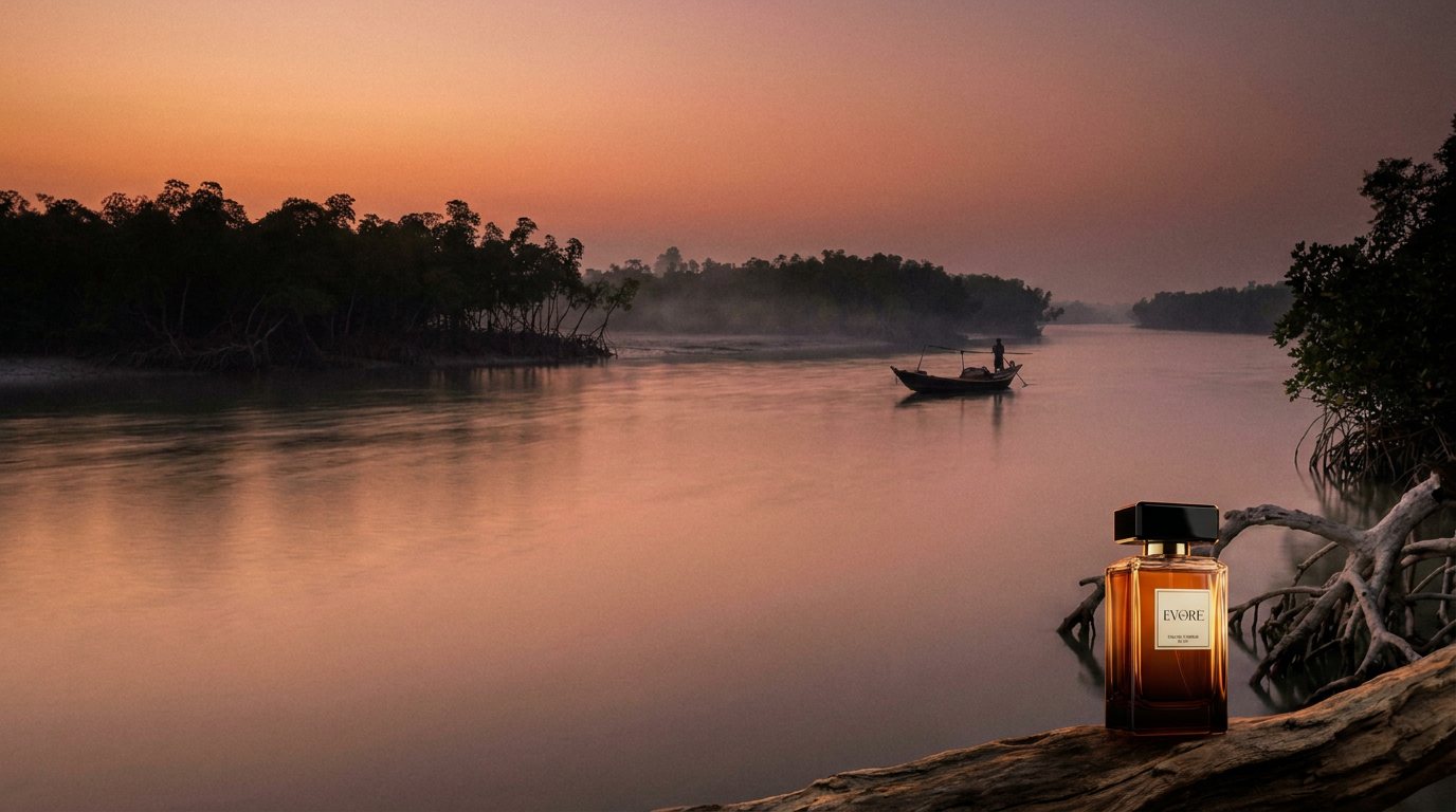 Shondha on a mangrove root in the Sundarbans at dusk